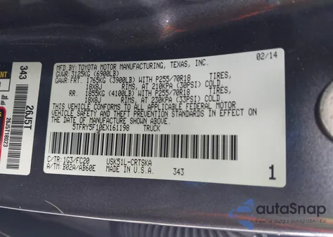 2014 Toyota Tundra Sr5 5.7L V8 z USA, uszkodzony, nr VIN 5TFRY5F10EX161198